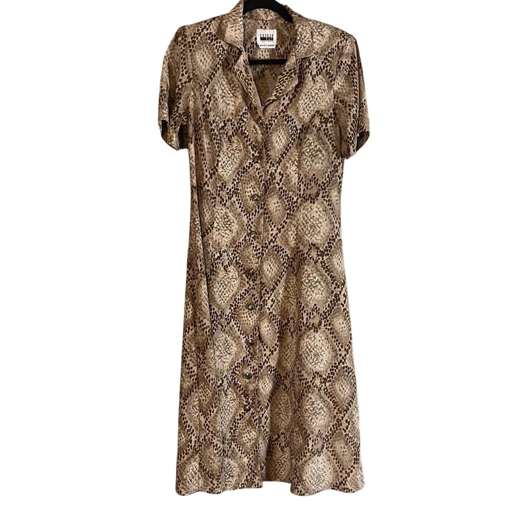 Leslie‎ Fay Tan Snakeskin Print Button Front Midi Dress Size 8